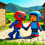 **

Prompt: "Hello Carbot friends helping each other, colorful, friendly, cartoon style, teaching kids about friendship and teamwork, sunny day, Italian countryside backdrop."

**