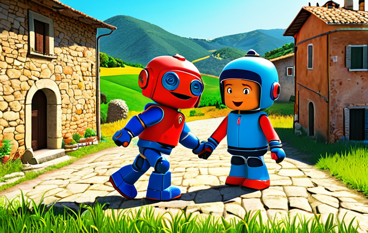 **
Prompt: "Hello Carbot friends helping each other, colorful, friendly, cartoon style, teaching kids about friendship and teamwork, sunny day, Italian countryside backdrop."
**