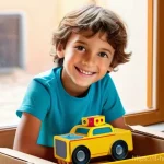 헬로카봇 주인공 어린이들의 이야기 - A vibrant scene depicting a cheerful Italian child, around 7 years old, with bright eyes and a wide,...