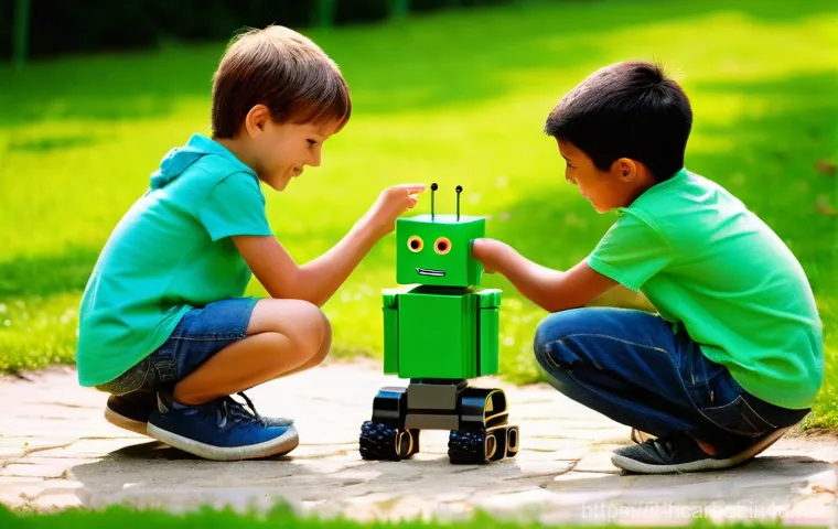 헬로카봇 주인공 어린이들의 이야기 - A vibrant scene depicting a cheerful Italian child, around 7 years old, with bright eyes and a wide,...