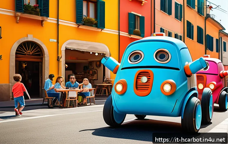 헬로카봇 해외 반응 및 인기 요인 - A vibrant scene of a group of colorful transforming robot cars, each with unique and friendly facial...